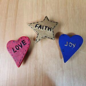 Love Faith Joy Hearts & Star Set of 3 Decorative Button Covers Vintage Retro